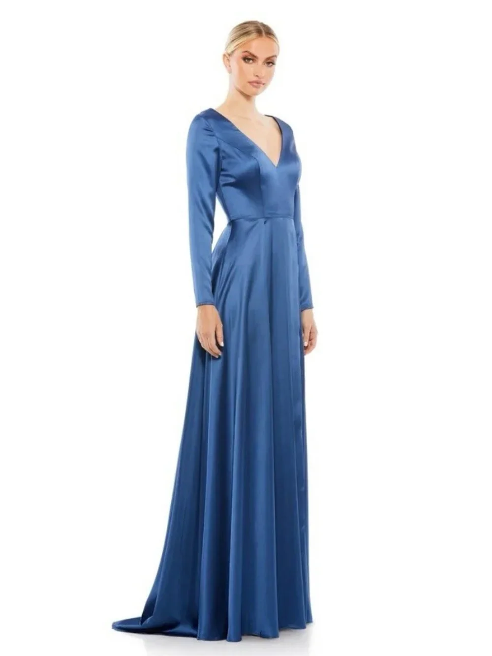 Mac Duggal Size 8 Blue 26613 Long Sleeve Satin A-Line Formal Gown Dress Wedding - Picture 2 of 12